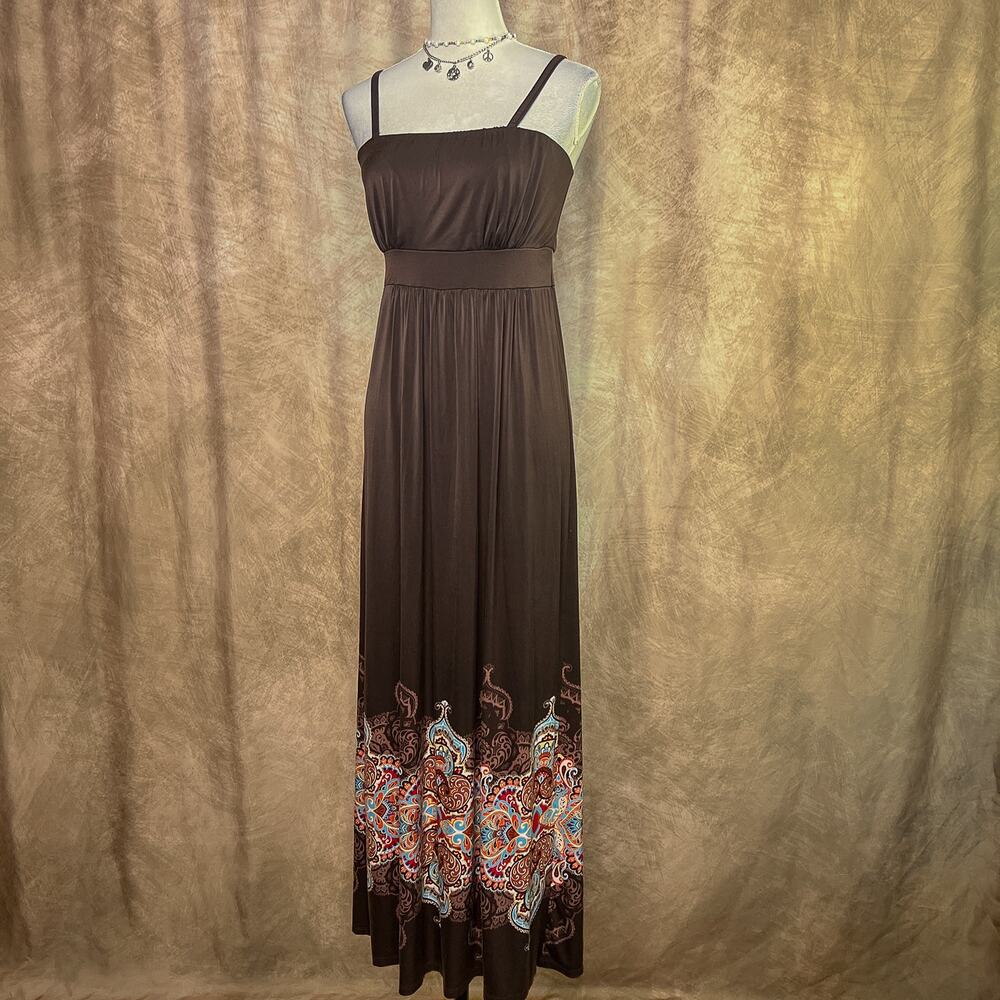 Y2K Boho Maxi Dress Paisley Brown Multicolor Sleeveless Empire Waist Summer - Picture 10 of 10